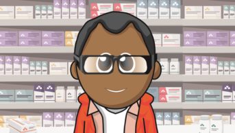 Community pharmacist Mr Dispenser has written two books of collections of anecdotes about pharmacy, including ‘Pills, thrills and methadone spills’. In the image, illustration of the anonymous Mr Dispenser