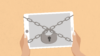 Illustration of hands holding an iPad with a padlock chain across