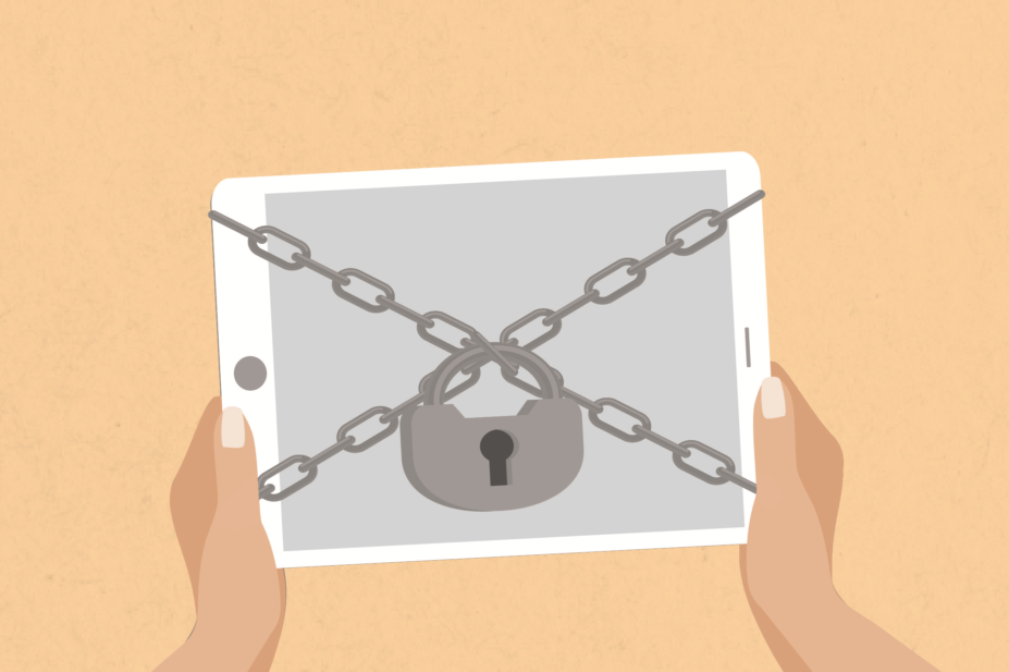 Illustration of hands holding an iPad with a padlock chain across
