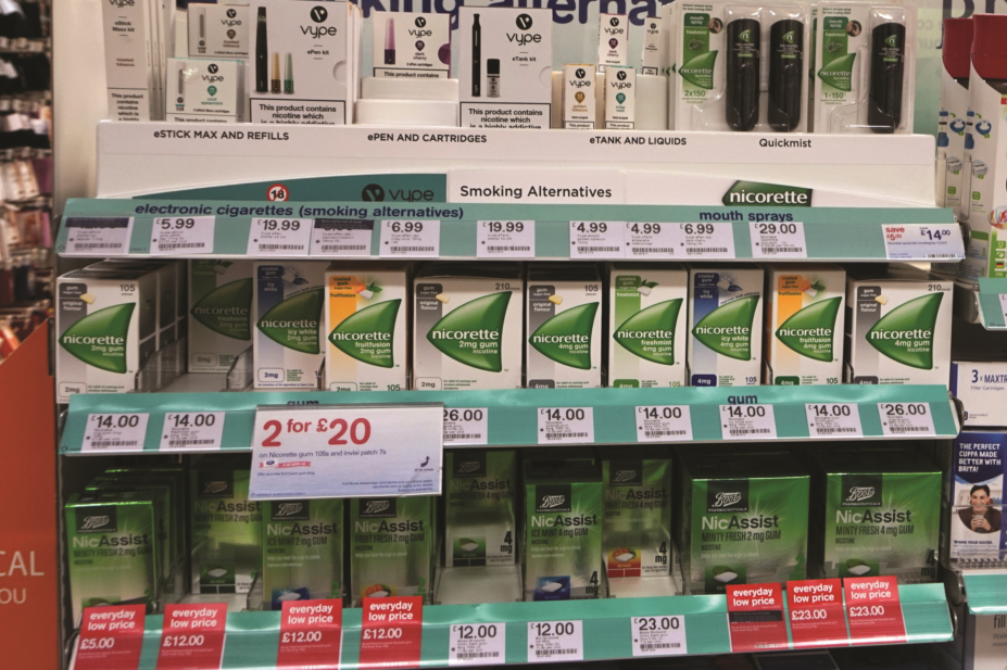 Nicotine replacement therapy on a pharmacy shelf