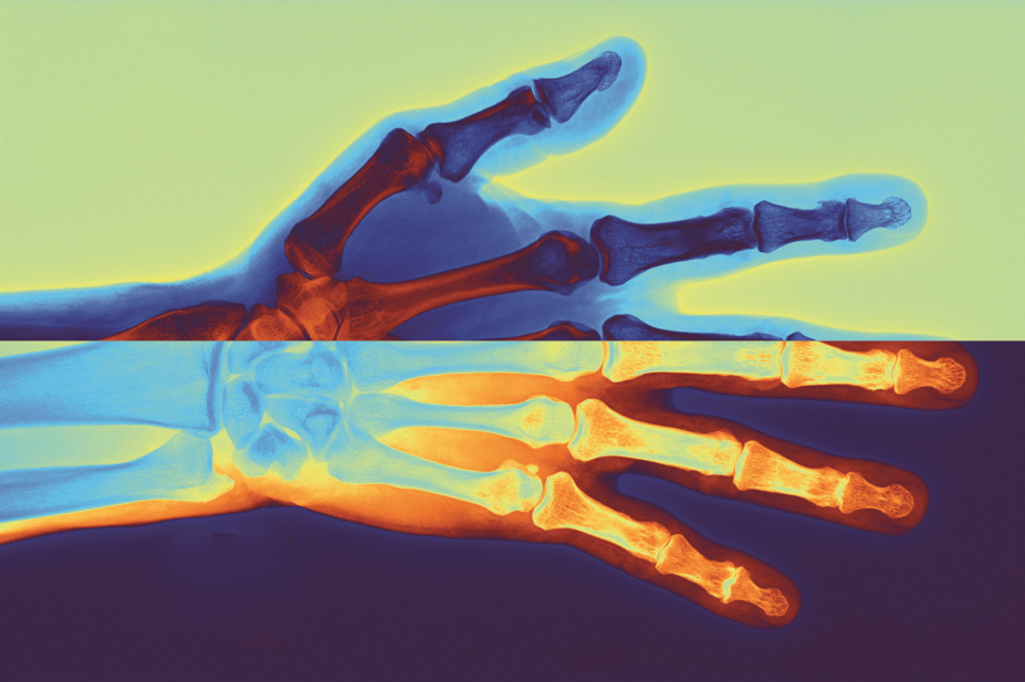 Coloured x-ray of a hand with osteoarthritis