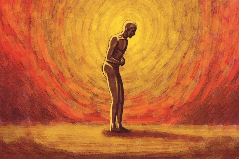 Abstract illustration of pain - naked man standing against red background