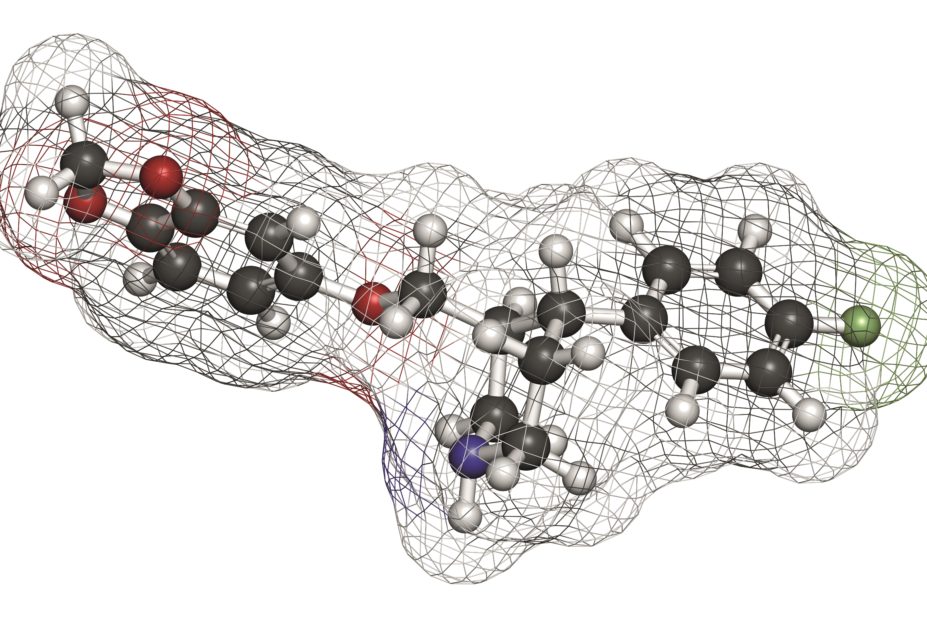 Paroxetine (molecular structure pictured), a selective serotonin reuptake inhibitor (SSRI), improves symptoms of heart failure in mice, research finds