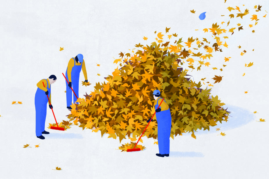 Illustration of three people sweeping a bunch of leaves on a very windy day