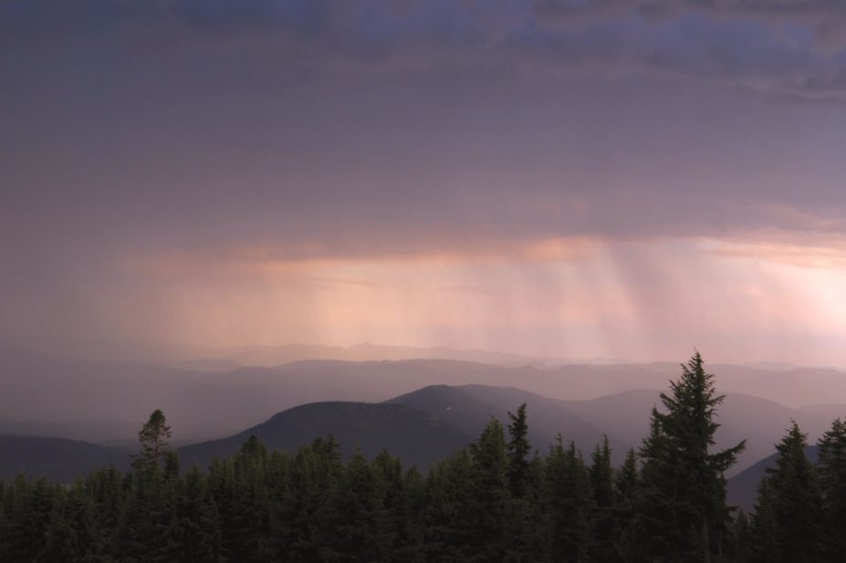 Rain pouring down on Mt Hood National Forest in Oregon, USA