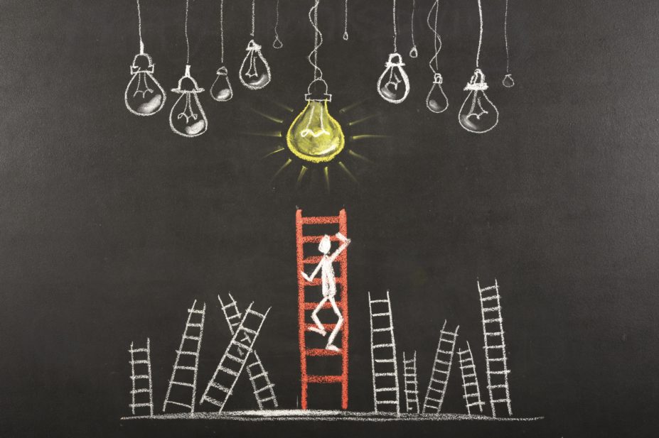 Many community pharmacists will go on to be owners and managers of their own pharmacies. But what qualities should a pharmacist have to be a successful entrepreneur? In the image, illustration of a man climbing towards a lightbulb