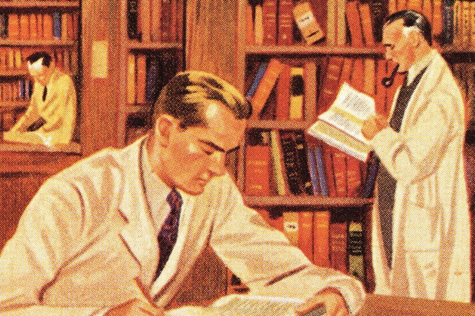 Peer review involves the unbiased, independent critical assessment of scholarly or research manuscripts submitted to journals by key experts or opinion leaders. In the image, illustration of a three scientists researching in a library
