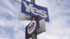 Yes and no signs on Scottish referendum stuck on a post in Glasgow, Scotland