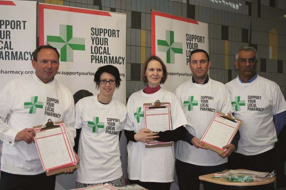 Ian Strachan and Sue Sharpe with campaigners for the Support Your Local Pharmacy campaign