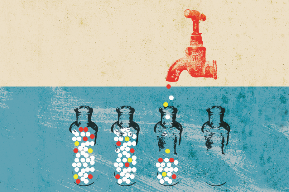 Tap with falling pills filling pill bottles, with diminishing quantities in each bottle