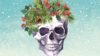 Illustration of skull covered with Christmas evergreen plants