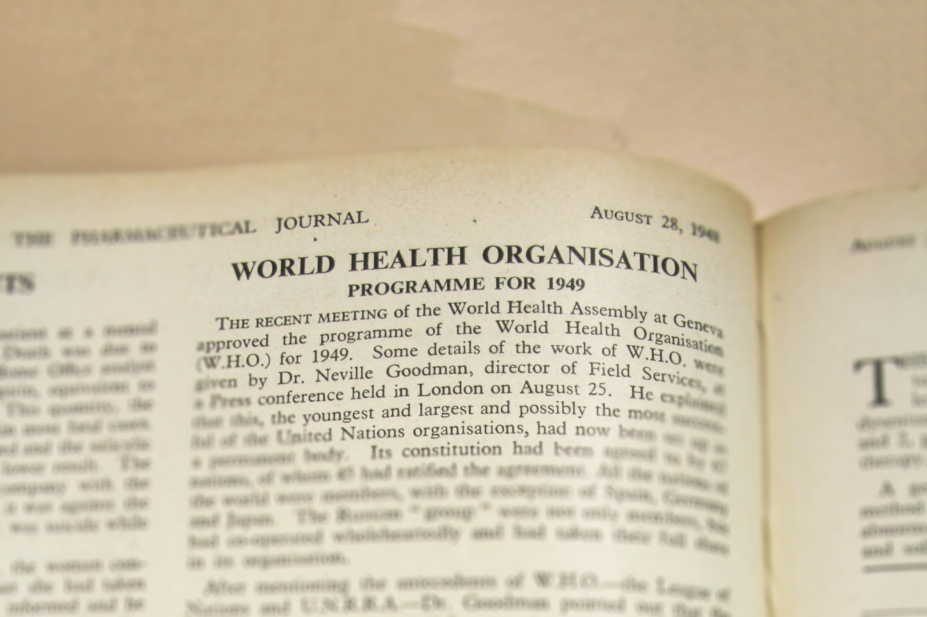 News clip published by The Pharmaceutical Journal in August 1948 on the creation of the WHO