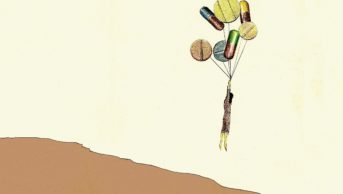 Illustration of woman hanging on to balloons in the shape of drugs