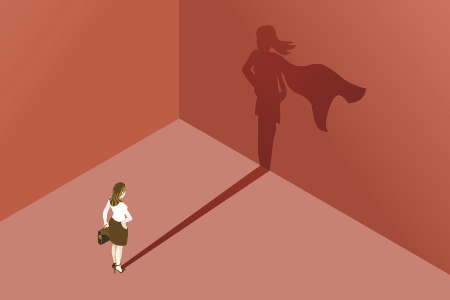 Women in leadership, illustration of woman with superhero shadow
