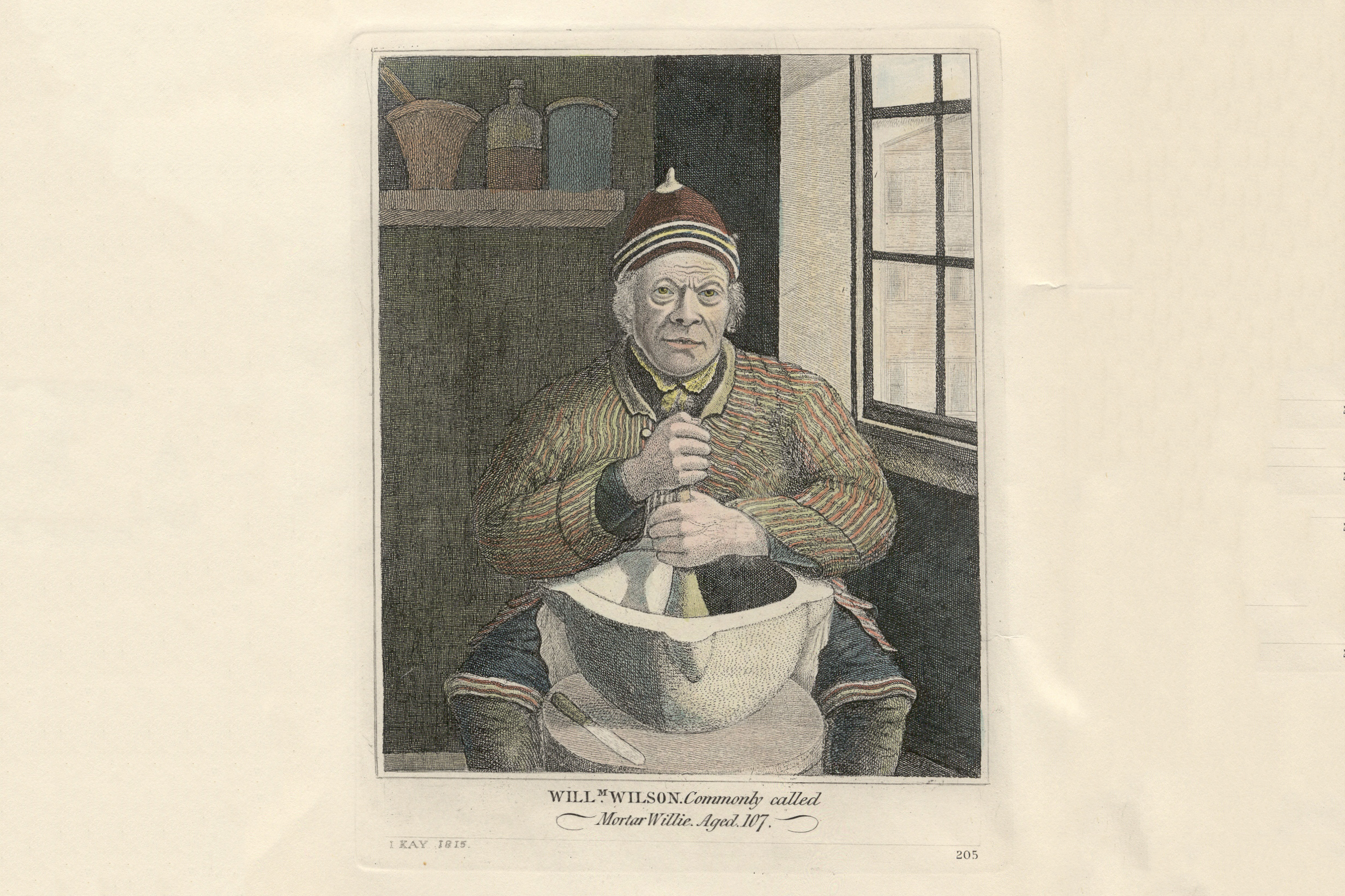 Coloured etching and aquatint of Morar Willie