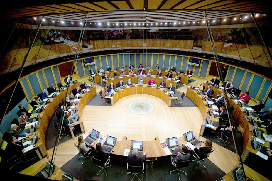 The debating chamber of the Welsh Government at the Senedd, Cardiff Bay