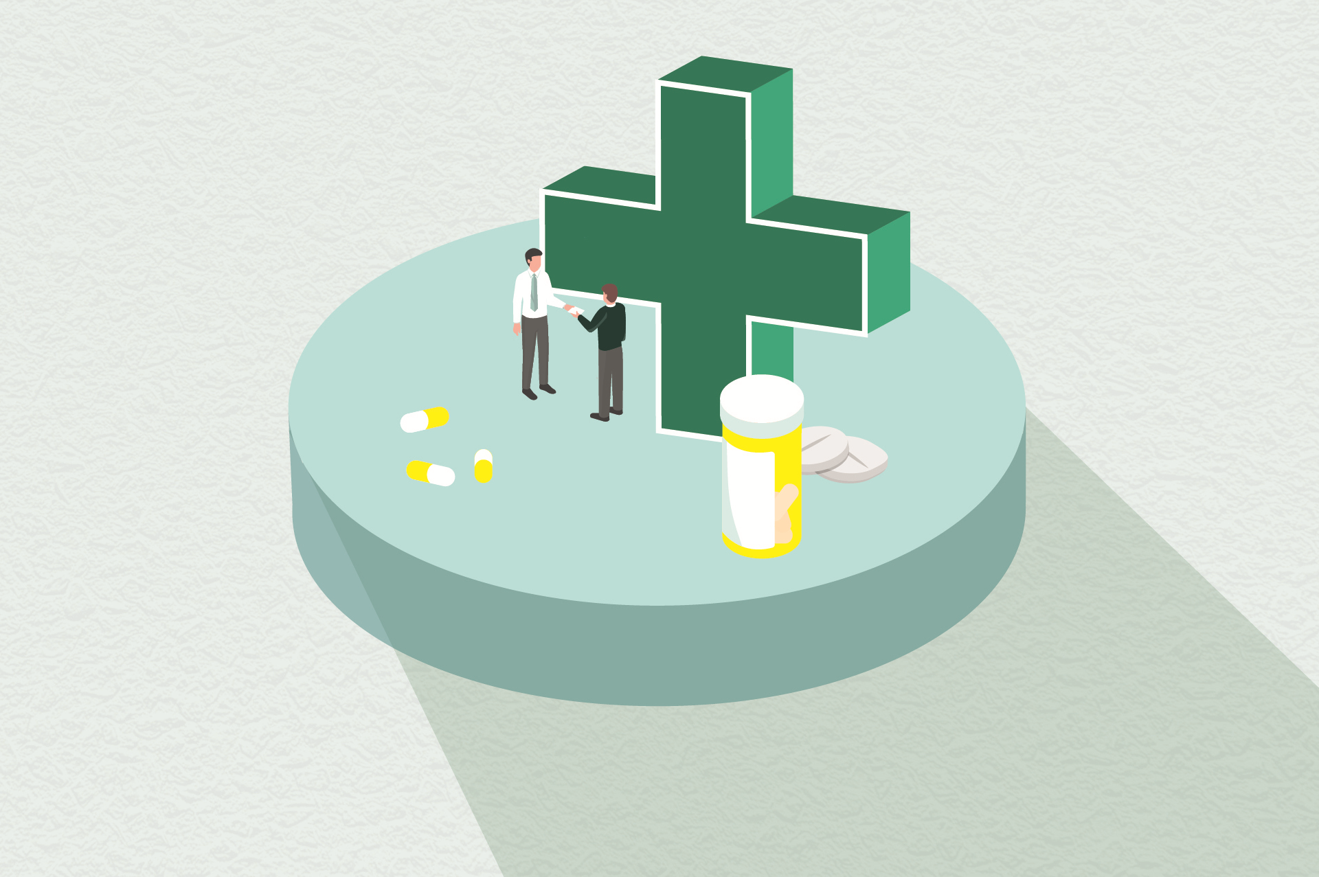 pharmacy cross on platform with pills and pharmacist client interaction