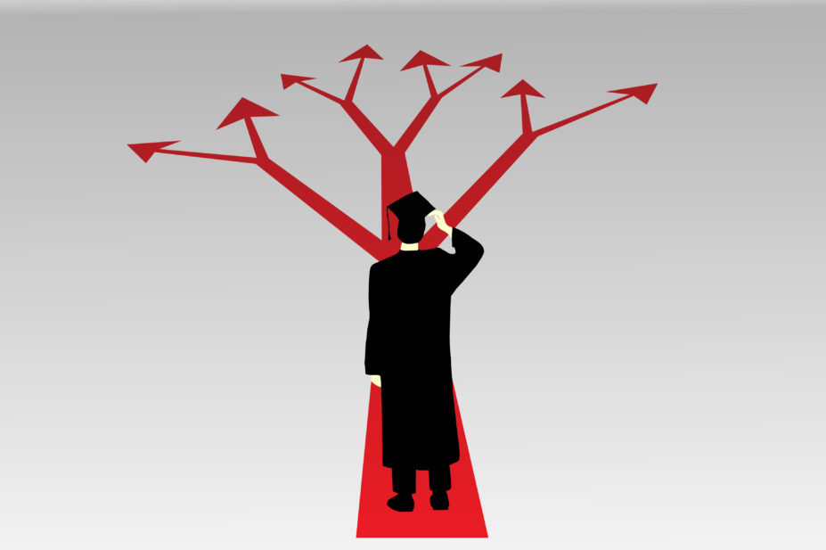 A graduate standing at a crossroads, unsure which way to go