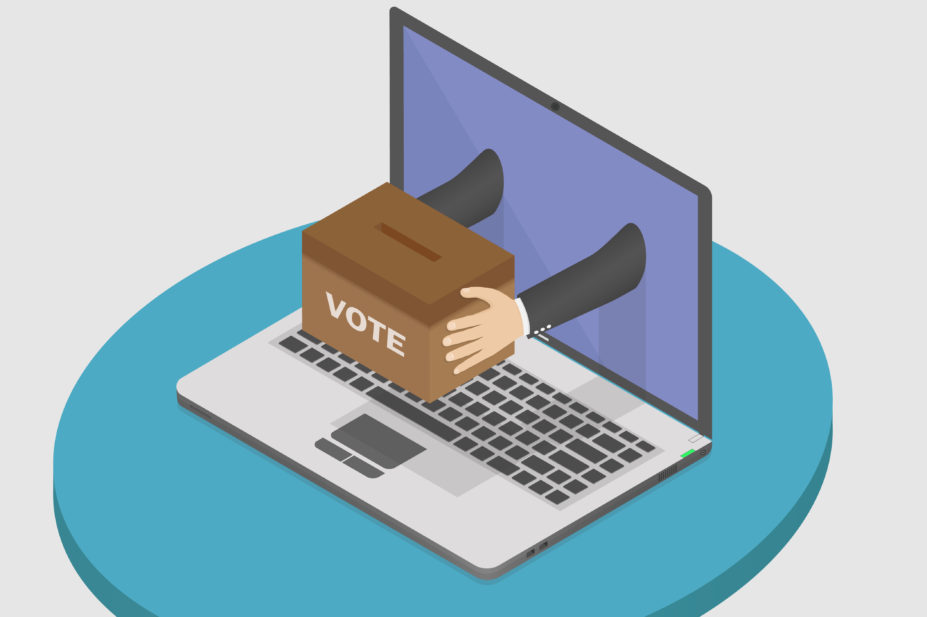 Illustration of laptop with a ballot box coming out of the screen