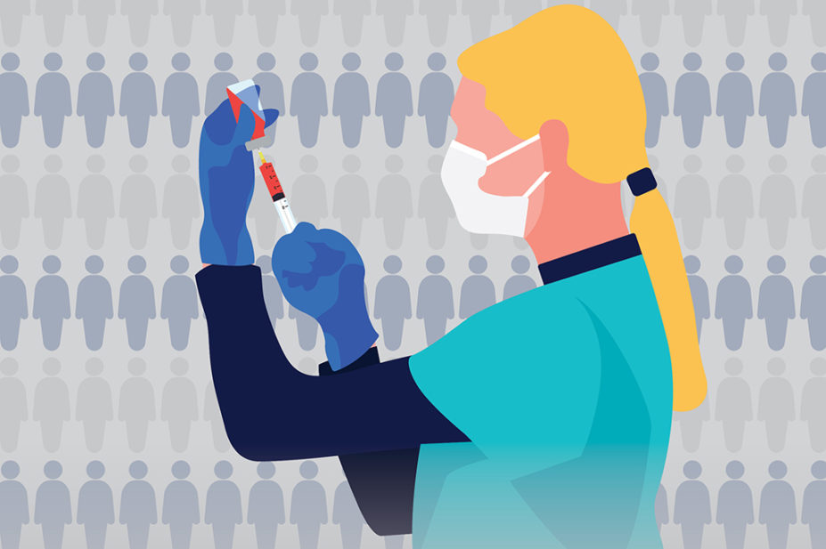 Illustration of a woman with a flu vaccine, against a background of lots of people in a row