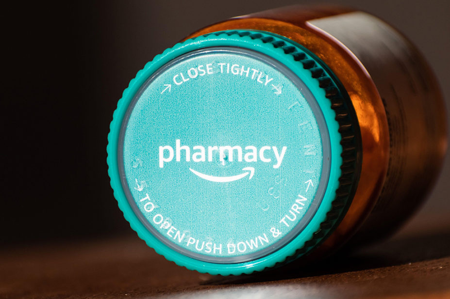 Amazon Pharmacy logo on a medicine bottle