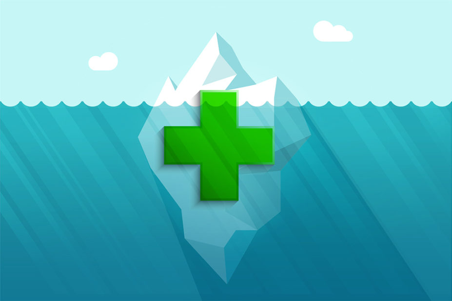 pharmacy cross on iceberg with majority under the sea and tip poking out above the sea