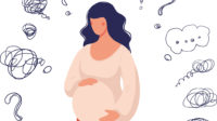 Illustration of an uncertain pregnant woman surrounded by question marks and thought bubbles