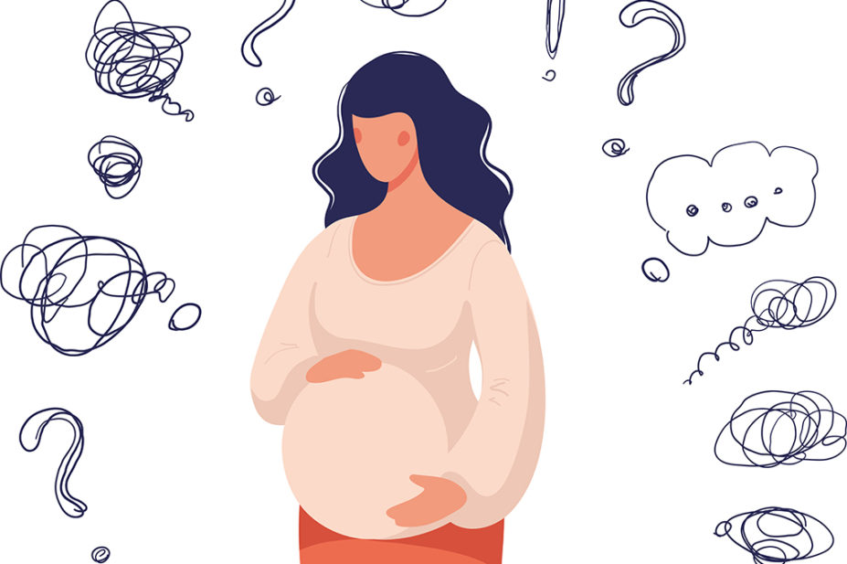 Illustration of an uncertain pregnant woman surrounded by question marks and thought bubbles
