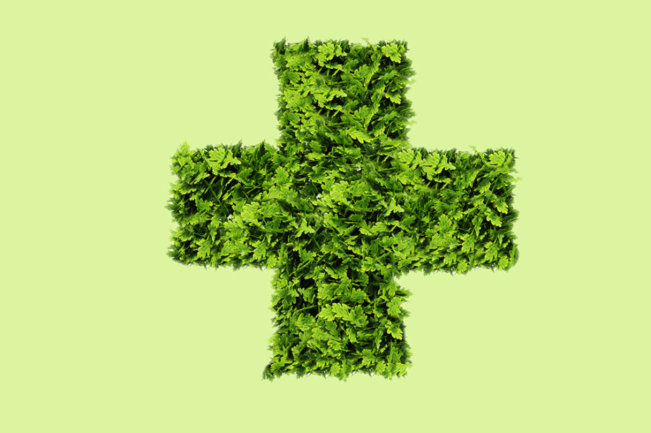 pharmacy cross made out of green leaves