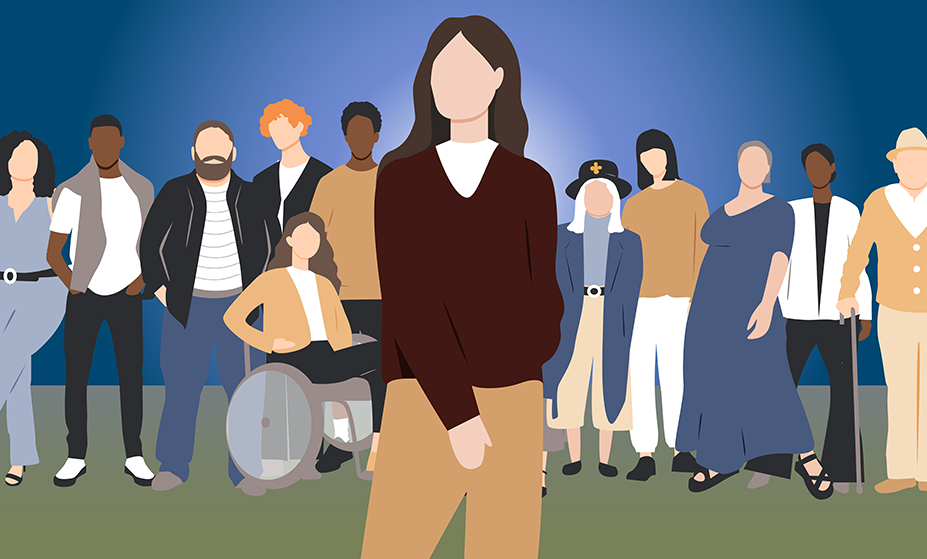 cartoon woman standing in front of a group of people of different ages, genders and comorbidities