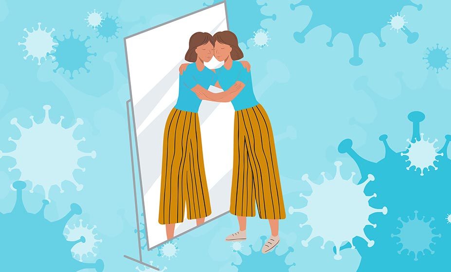 cartoon woman hugging her reflection in mirror