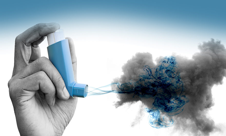 Conceptual image of someone holding an inhaler with fumes coming out of it