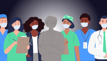 Illustration showing a group of healthcare professionals, with the outline of a pharmacist in the middle