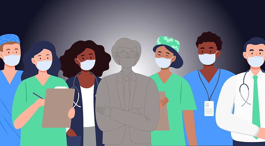 Illustration showing a group of healthcare professionals, with the outline of a pharmacist in the middle