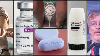 collage of vaccination being given vaccine vial weighing scales azithromycin tablets budesonide inhaler keith ridge