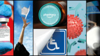 collage of hand throwing mortarboard in air, amazon pharmacy logo, international symbol of access, covid-19 and antibodies