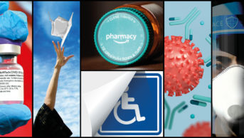 collage of hand throwing mortarboard in air, amazon pharmacy logo, international symbol of access, covid-19 and antibodies
