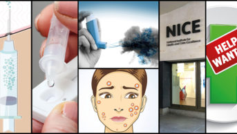 collage of cartoon vaccine, lateral flow test, asthma inhaler with black mist coming out, cartoon woman's face with tablets as spots, NICE building, pharmacy cross with help wanted stamped on it