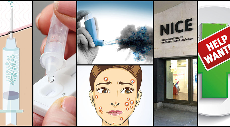 collage of cartoon vaccine, lateral flow test, asthma inhaler with black mist coming out, cartoon woman's face with tablets as spots, NICE building, pharmacy cross with help wanted stamped on it