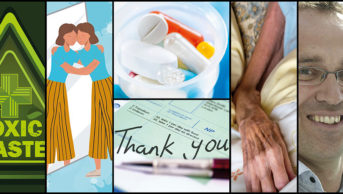 collage of toxic waste sign, cartoon woman hugging her mirror reflection, different pills in a container, thank you written on a prescription, frail woman's hand