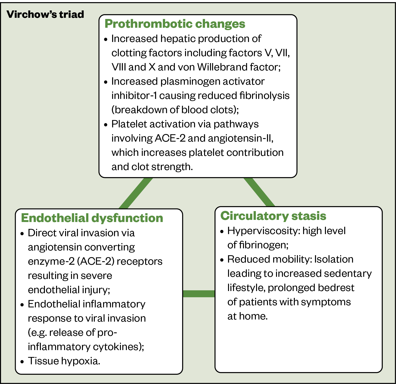 Figure 1: COVID-19 thrombogenic factors categorised according to the Virchow’s triad