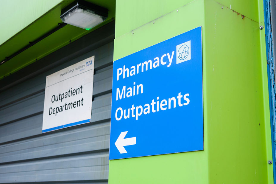 Pharmacy sign at a UK hospital