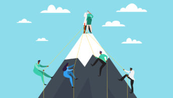 Team work business concept, NHS workers climbing up a mountain