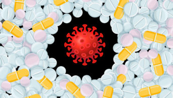 Conceptual image of a virus being surrounded, or ganged up upon, by antiviral tablets