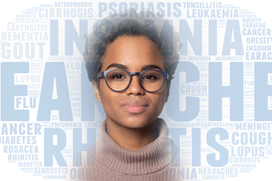 Portrait of woman with disease names in background