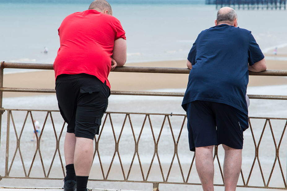 Two obese men leaning on a railing overlooking a beach