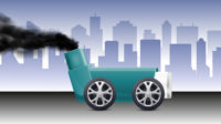 Inhaler shaped car with smoke coming out of it against a city skyline