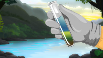 test tube being held by a gloved hand next to a lake