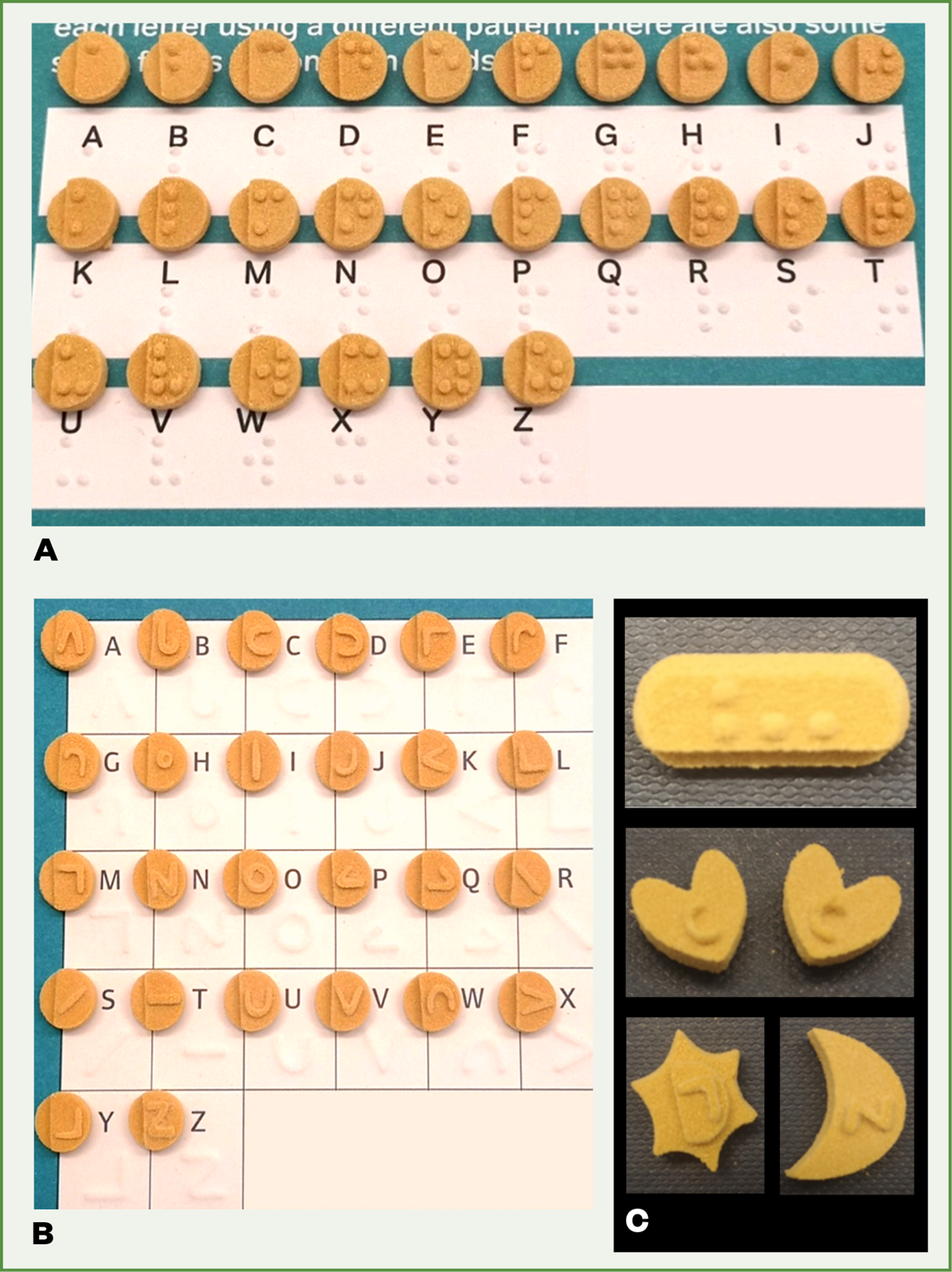 Figure 3: Photographs of orodispersible printlets produced using SLS 3D printedwhich have the (a) Braille alphabet and (B) Moon alphabets imprinted on their surface(79). The study also demonstrated the ability to produce printlets of different shapes (C), including those in the shape of a caplets, heart-shaped tablet, sun and moon