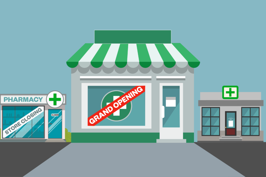 Illustration of pharmacies grand opening and closing down